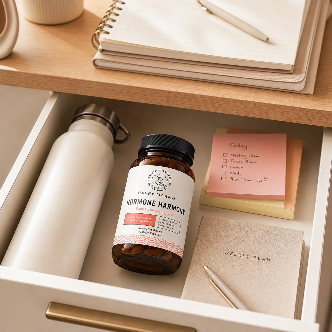 Happy Marmo original lifestyle visual for desk drawer habit